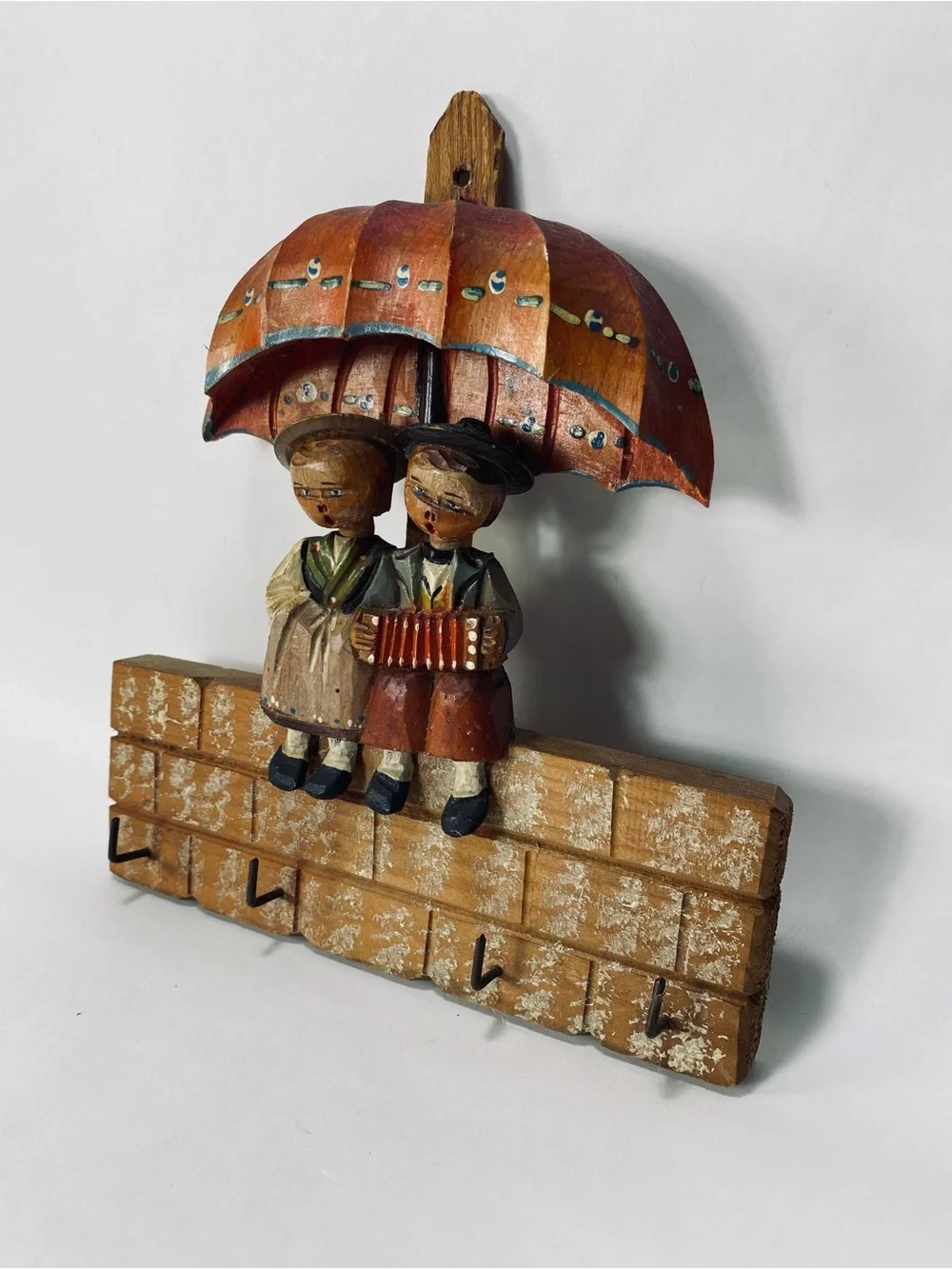 Vintage Italian Folk Art Handcrafted Rustic Wall Hook Children Umbrella